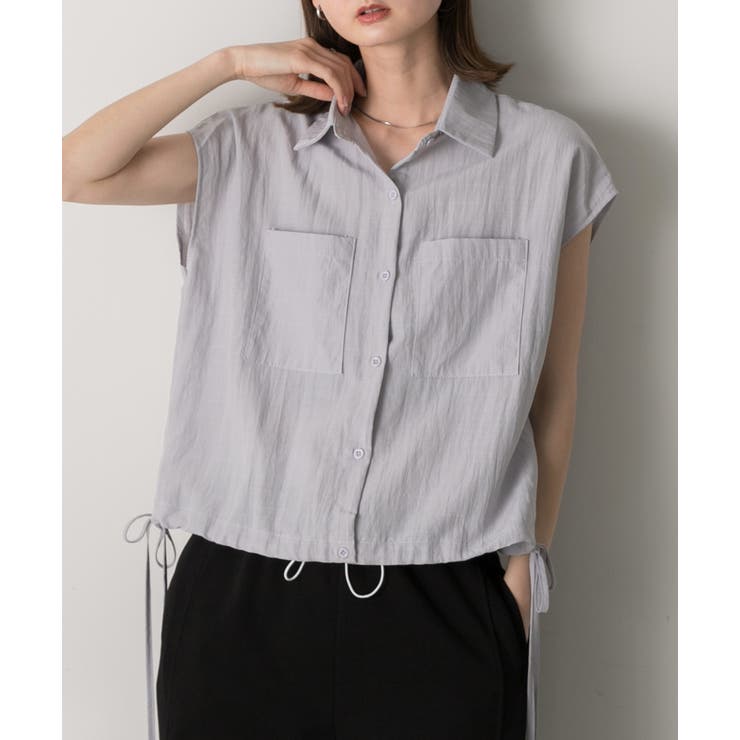 パープル | 裾リボン フレンチスリーブシャツ | ad thie