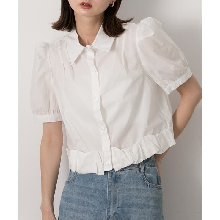 オフホワイト | パフスリーブ ヘムフリルショートブラウス | ad thie