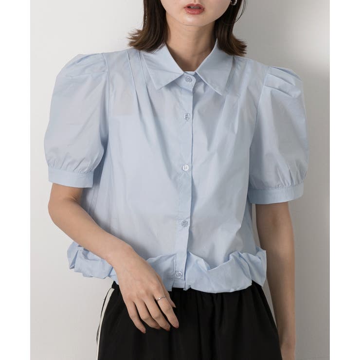 ライトブルー | パフスリーブ ヘムフリルショートブラウス | ad thie
