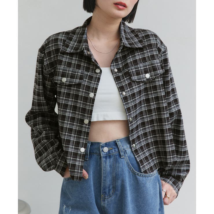 ブラック | ショート丈チェックシャツ | ad thie