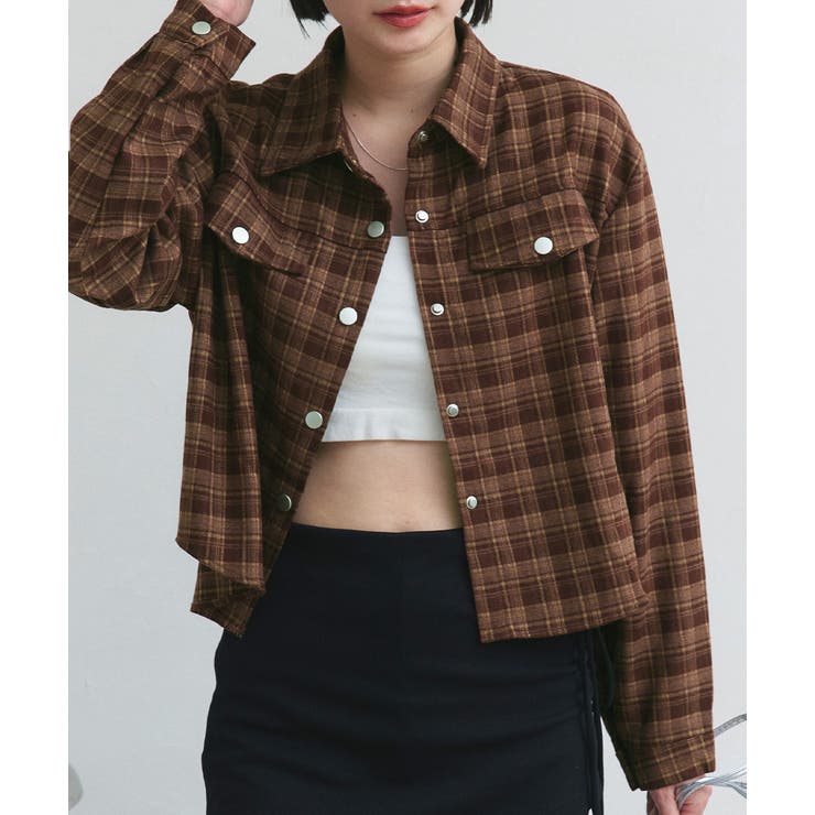 ブラウン | ショート丈チェックシャツ | ad thie