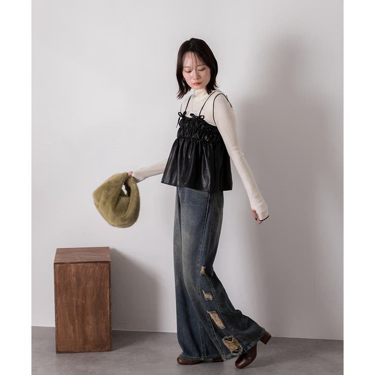 リボンデザイン ギャザーキャミソール | ad thie | 詳細画像3 