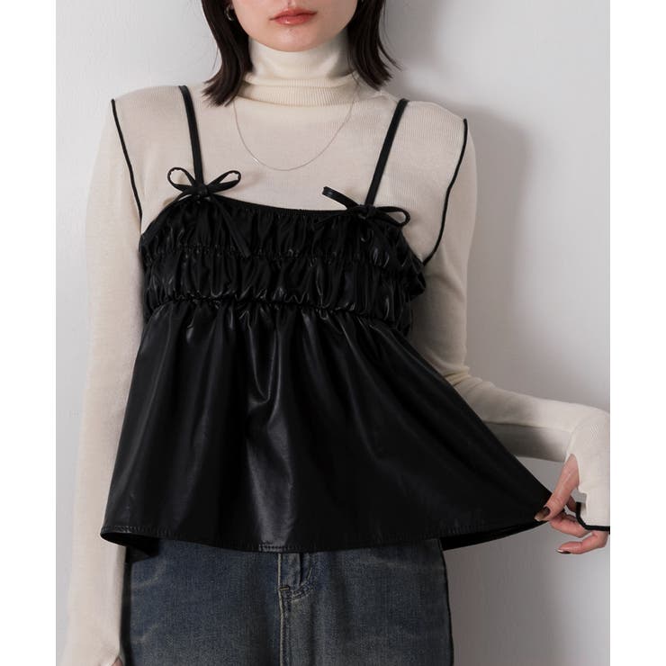 ブラック | リボンデザイン ギャザーキャミソール | ad thie