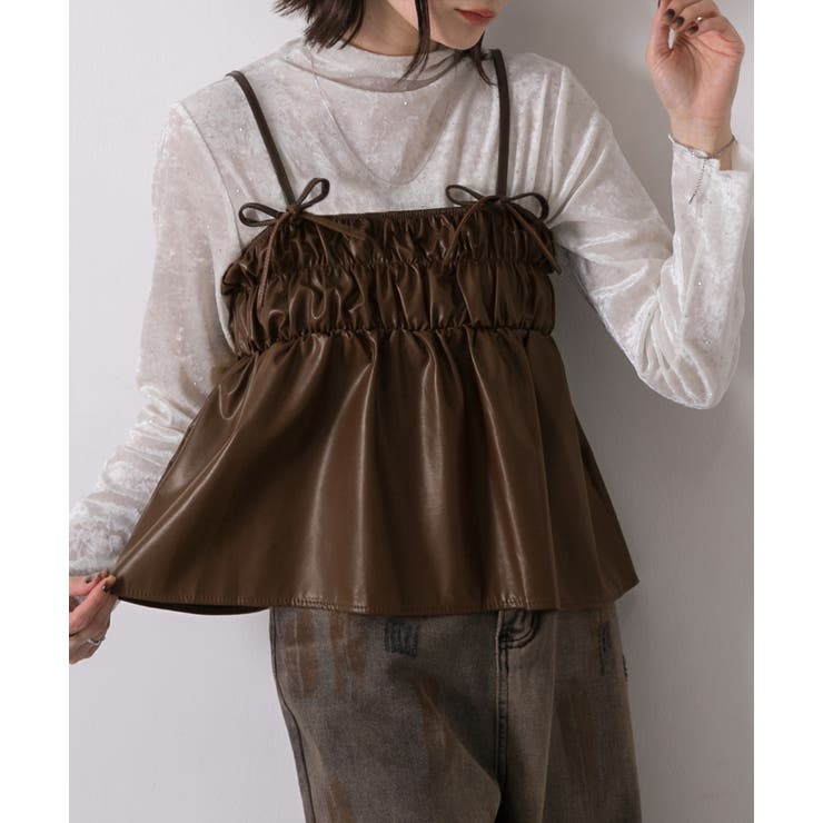ブラウン | リボンデザイン ギャザーキャミソール | ad thie