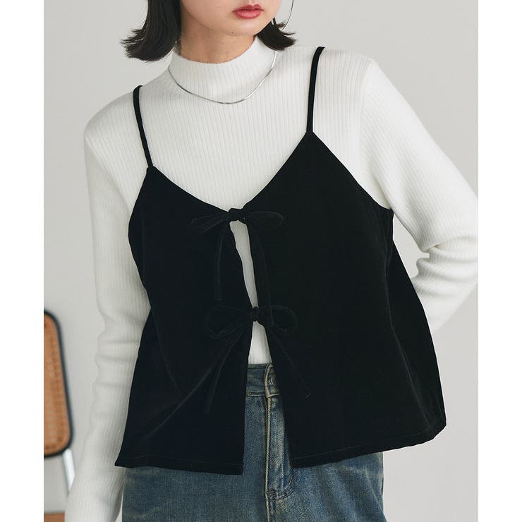 ブラック | リボンデザイン ベロアキャミソール | ad thie