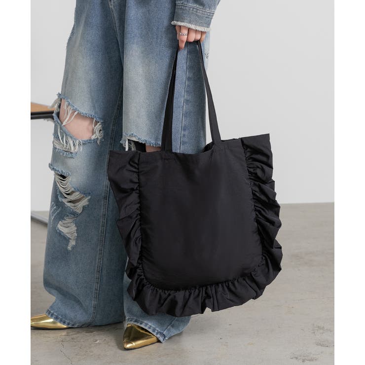 ブラック | フレームフリルスクエアトートバッグ | ad thie