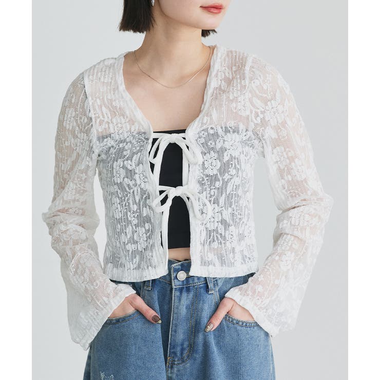オフホワイト | ショート丈リボンレースカーディガン | ad thie