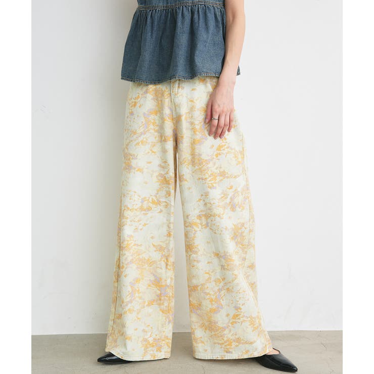 イエロー | フラワーワイドデニムパンツ | ad thie