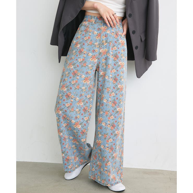 ブルー | フラワーワイドデニムパンツ | ad thie