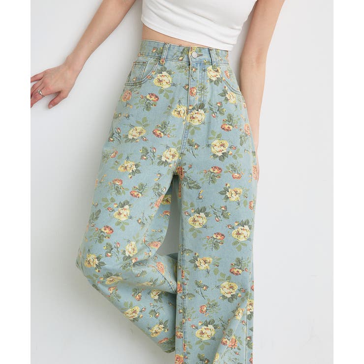 ライトブルー | フラワーワイドデニムパンツ | ad thie