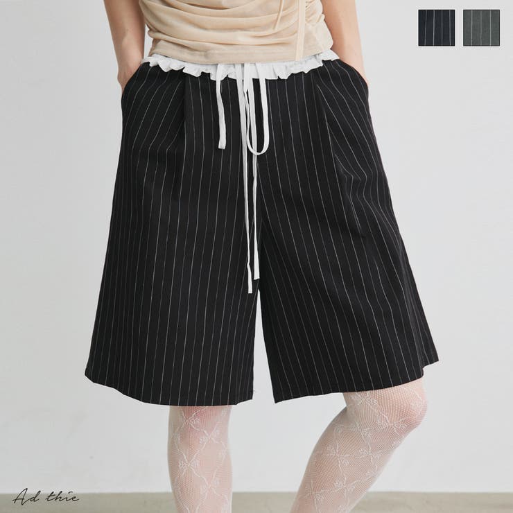 ウエストフリル切替ストライプバミューダパンツ | ad thie | 詳細画像1 