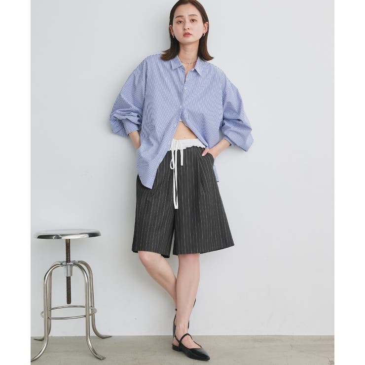 ウエストフリル切替ストライプバミューダパンツ | ad thie | 詳細画像7 
