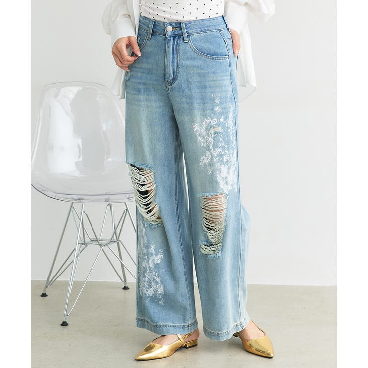 レースプリントダメージデニムパンツ | ad thie | 詳細画像12 