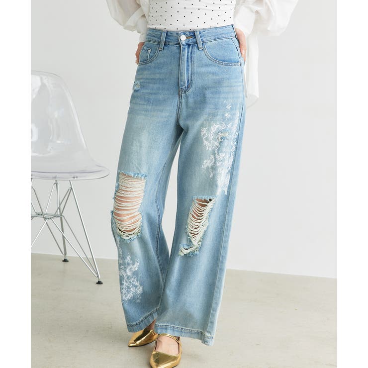 レースプリントダメージデニムパンツ | ad thie | 詳細画像13 