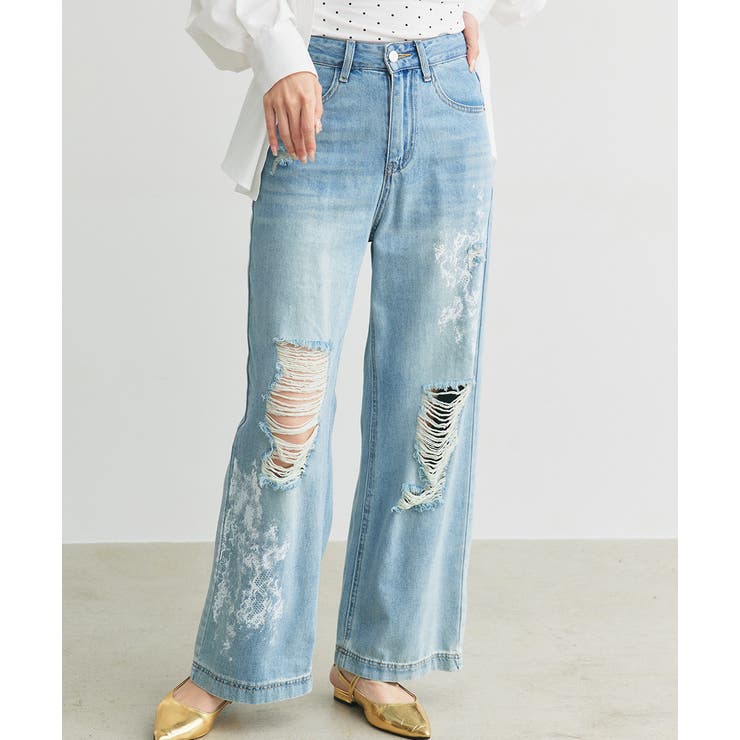 レースプリントダメージデニムパンツ | ad thie | 詳細画像14 