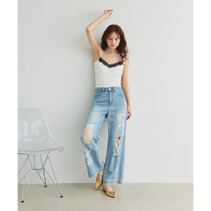 レースプリントダメージデニムパンツ | ad thie | 詳細画像16 