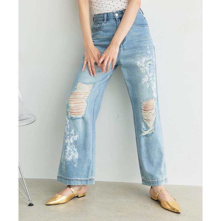 レースプリントダメージデニムパンツ | ad thie | 詳細画像18 