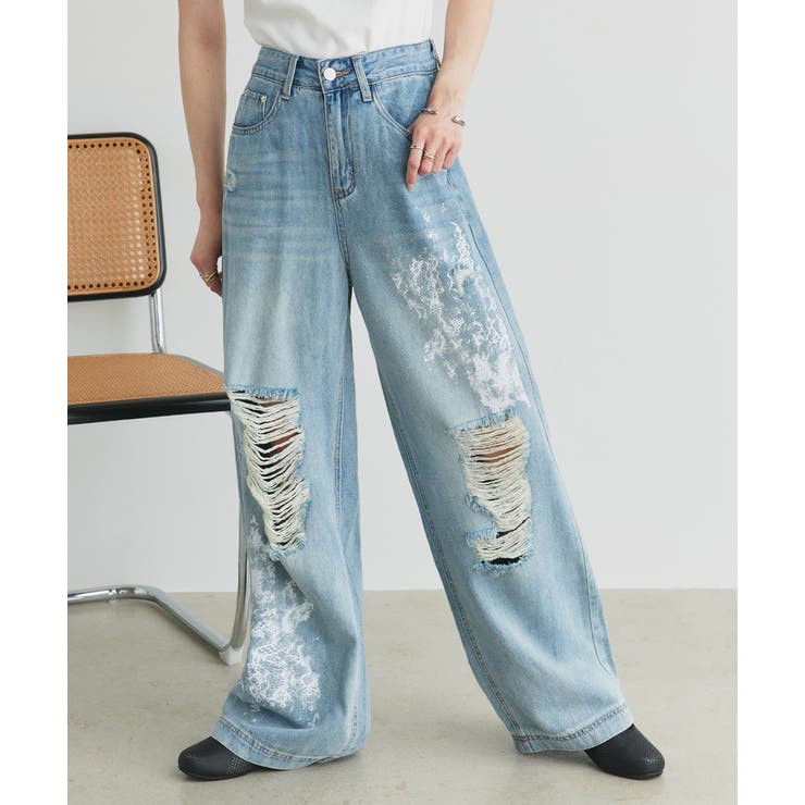 レースプリントダメージデニムパンツ | ad thie | 詳細画像6 