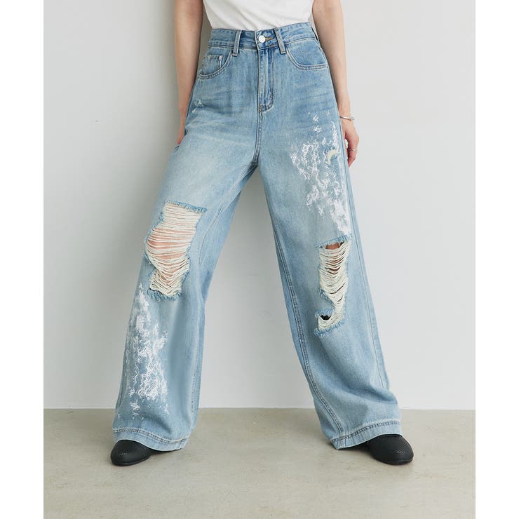 レースプリントダメージデニムパンツ | ad thie | 詳細画像7 