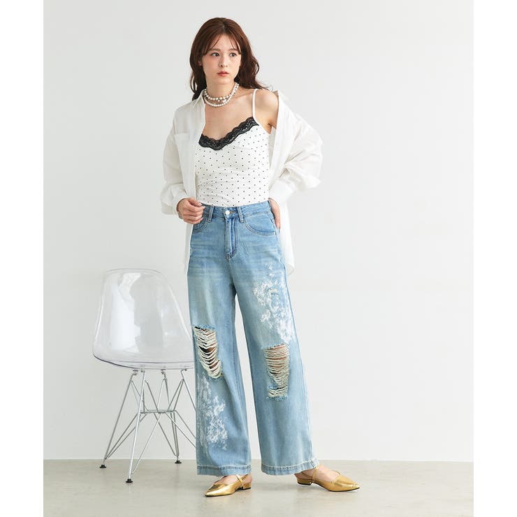 レースプリントダメージデニムパンツ | ad thie | 詳細画像8 