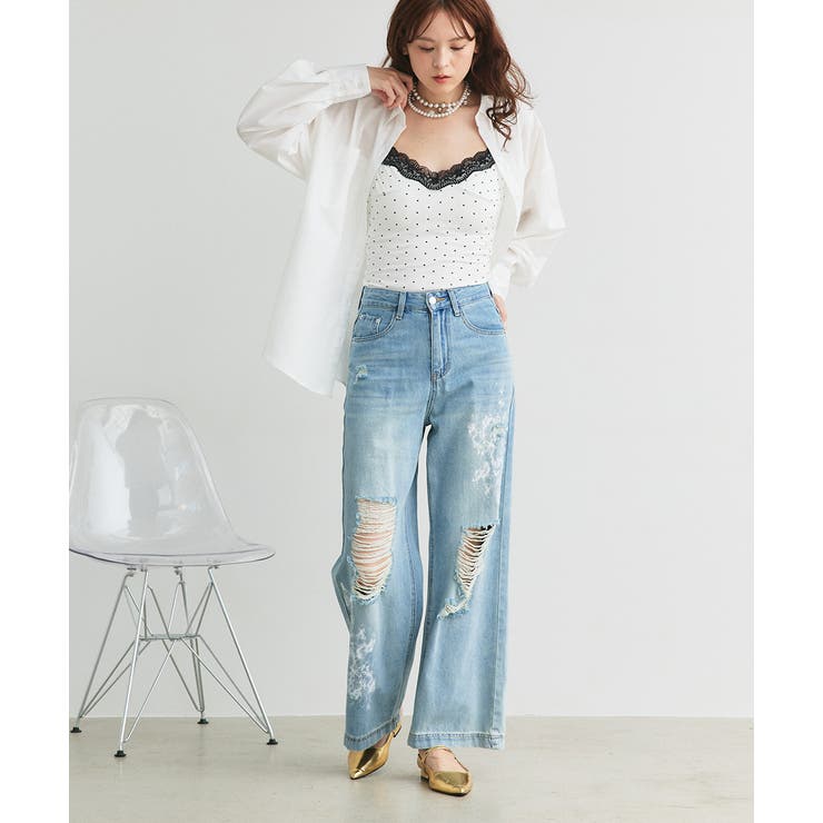 レースプリントダメージデニムパンツ | ad thie | 詳細画像9 