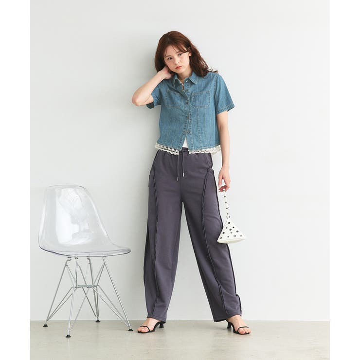 ショート丈ヘムレースデニムシャツ | ad thie | 詳細画像10 