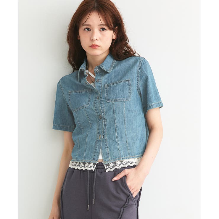 ショート丈ヘムレースデニムシャツ | ad thie | 詳細画像11 