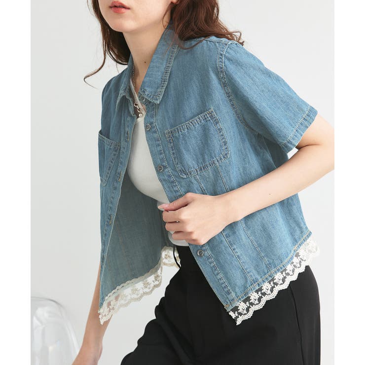 ショート丈ヘムレースデニムシャツ | ad thie | 詳細画像6 
