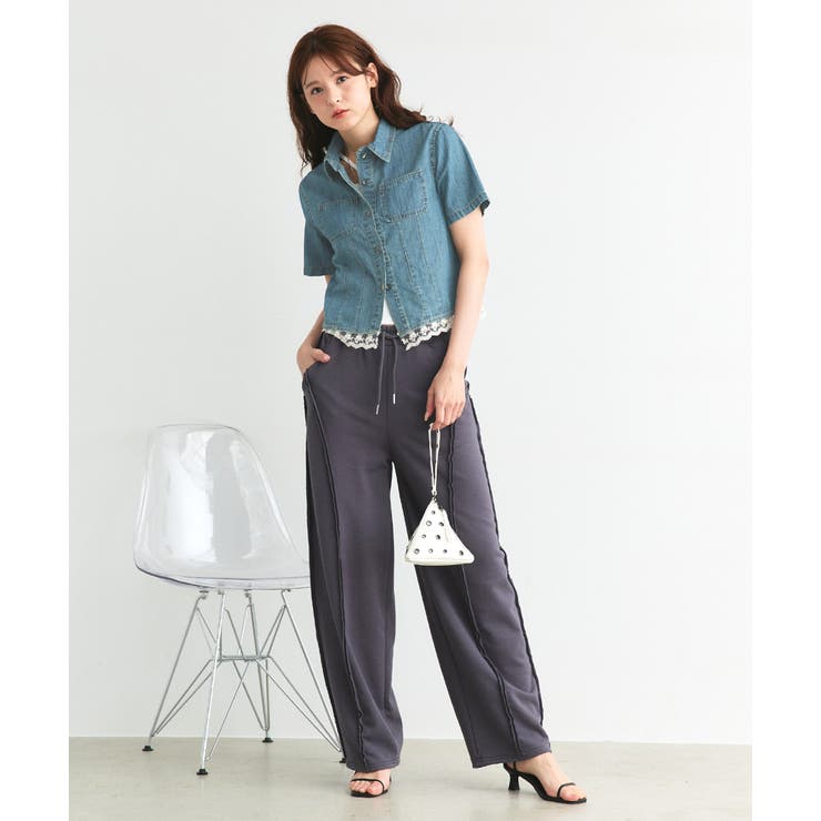 ショート丈ヘムレースデニムシャツ | ad thie | 詳細画像9 