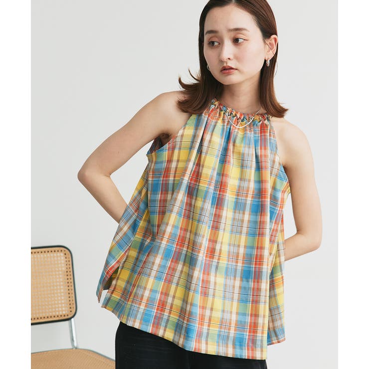 イエロー×チェック | ホルターネックギャザーブラウス | ad thie