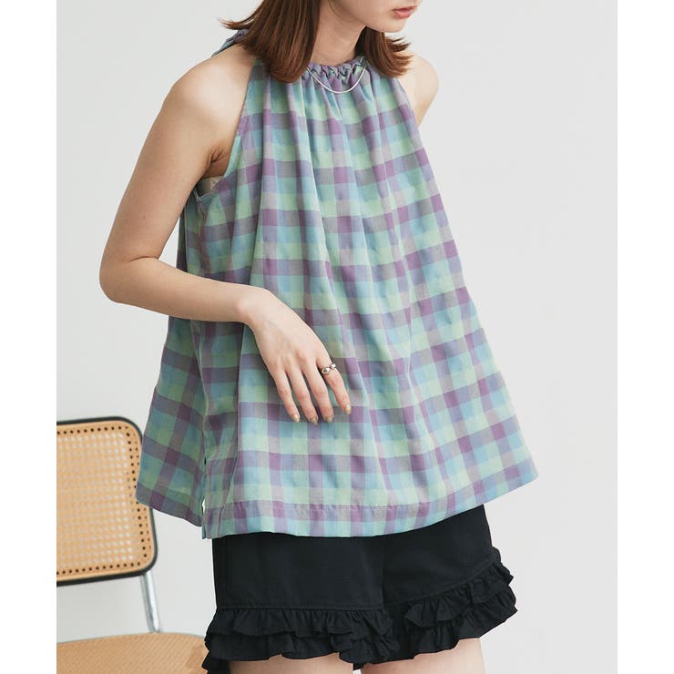 グリーン×チェック | ホルターネックギャザーブラウス | ad thie