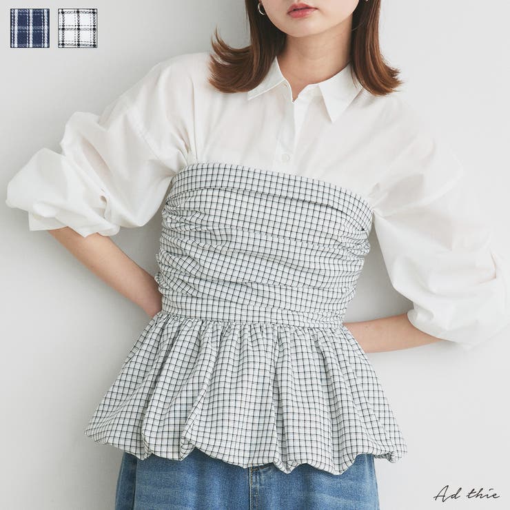 チェック柄バルーンペプラムビスチェ | ad thie | 詳細画像1 