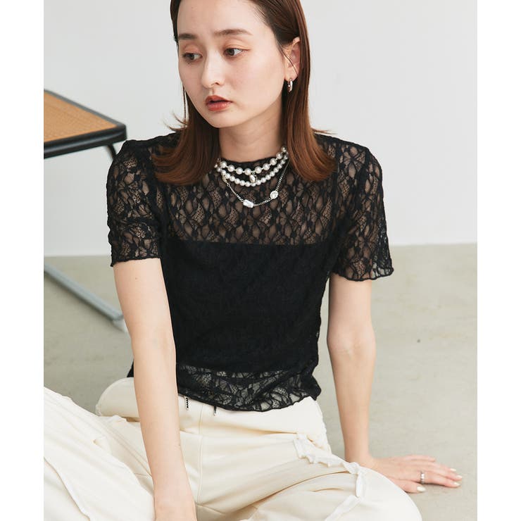 ブラック | ハーフスリーブレースカットソー | ad thie