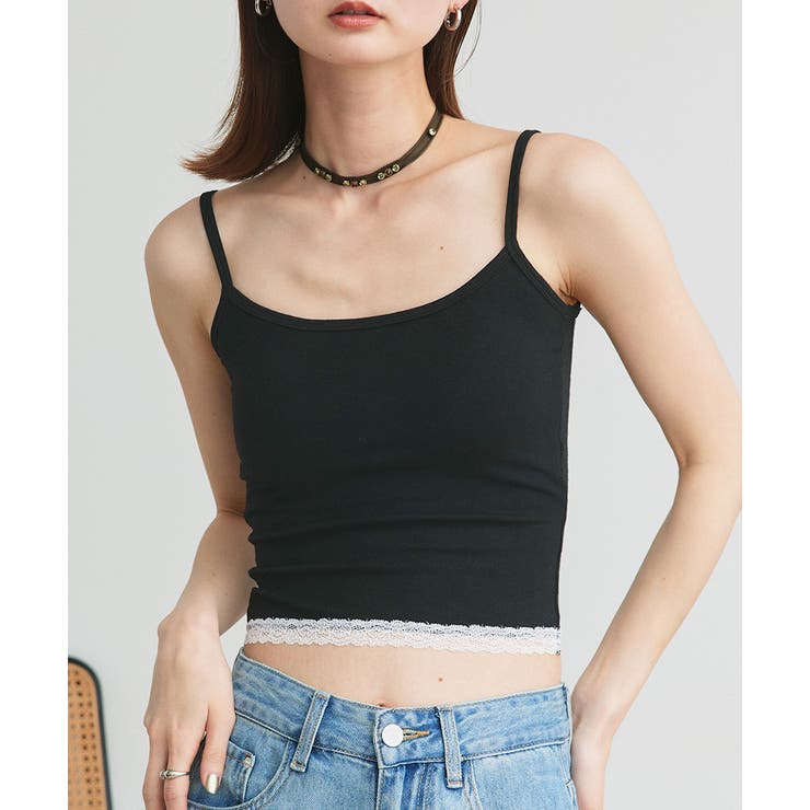 ブラック | カップ付き ヘムレースリブキャミソール | ad thie