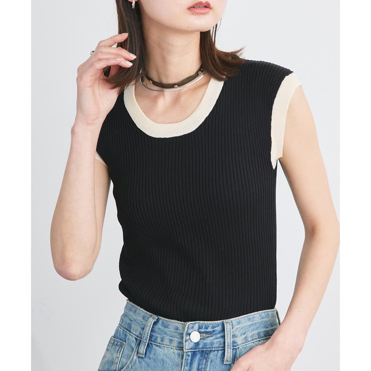 ブラック | バイカラーフレンチスリーブニット | ad thie