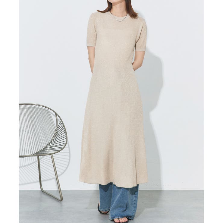 ベージュ | ハーフスリーブラメニットワンピース | ad thie