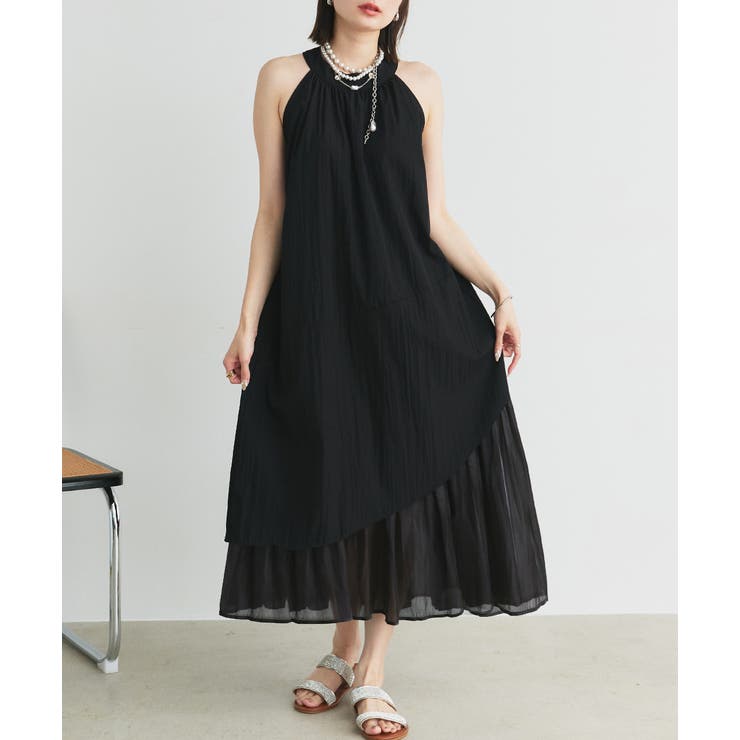 ブラック | ホルターネックギャザーワンピース | ad thie