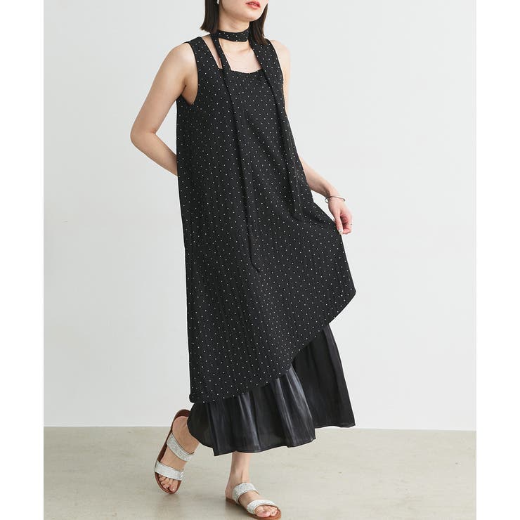 ブラック | リボン付き レイヤードデザインドットワンピース | ad thie