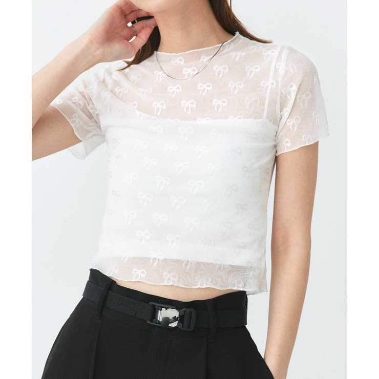 オフホワイト | ハーフスリーブリボンシアートップス | ad thie