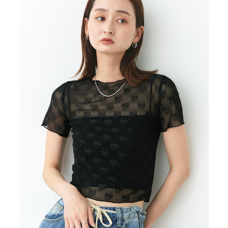 ブラック | ハーフスリーブリボンシアートップス | ad thie