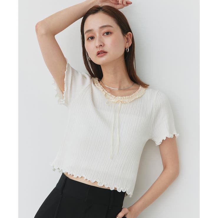 オフホワイト | ネックリボンリブニットトップス | ad thie