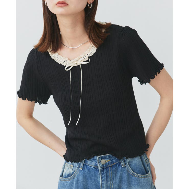 ブラック | ネックリボンリブニットトップス | ad thie