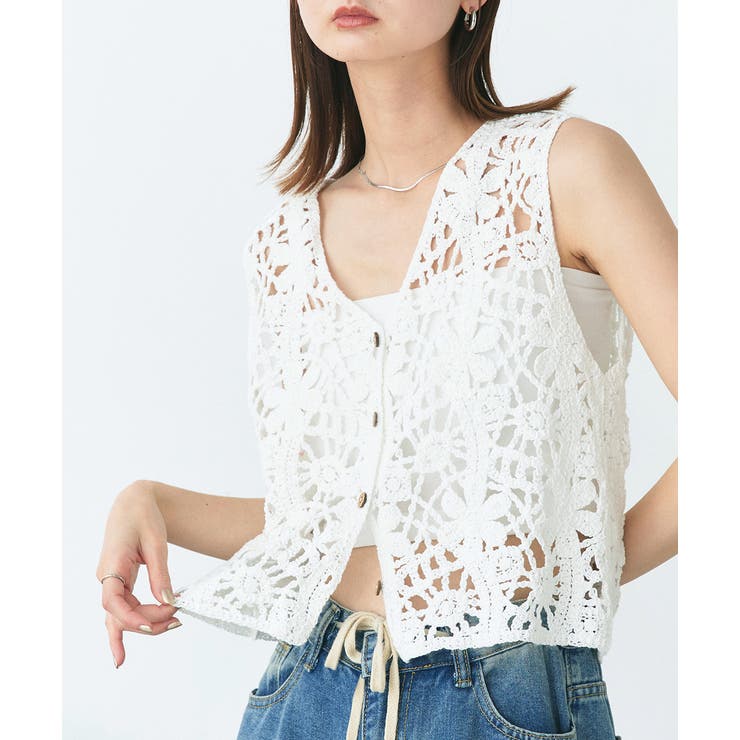 オフホワイト | クロシェ編みVネックベスト | ad thie