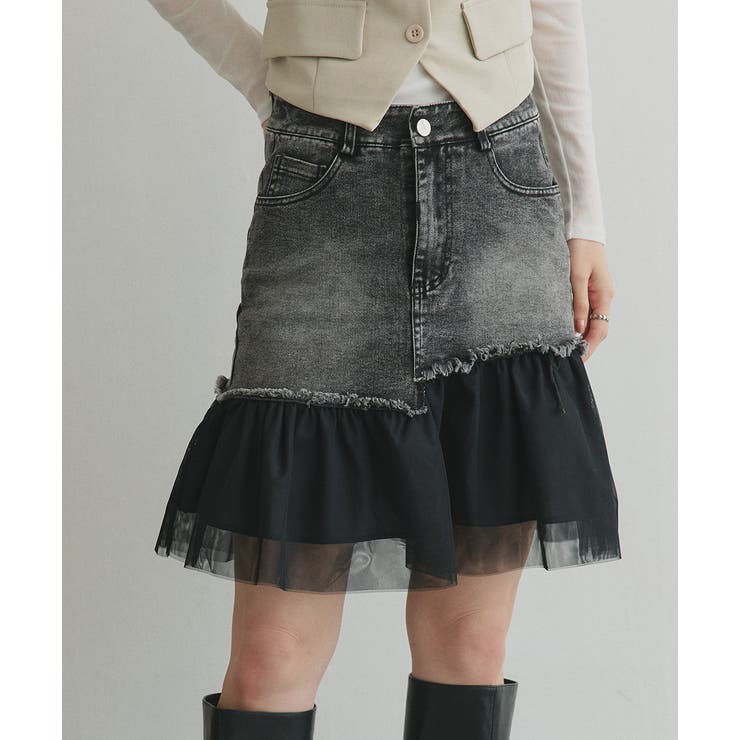 ブラック | チュールドッキングデニムミニスカート | ad thie