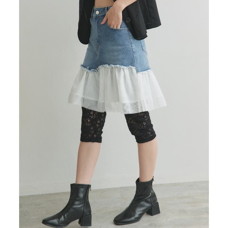 ブルー | チュールドッキングデニムミニスカート | ad thie