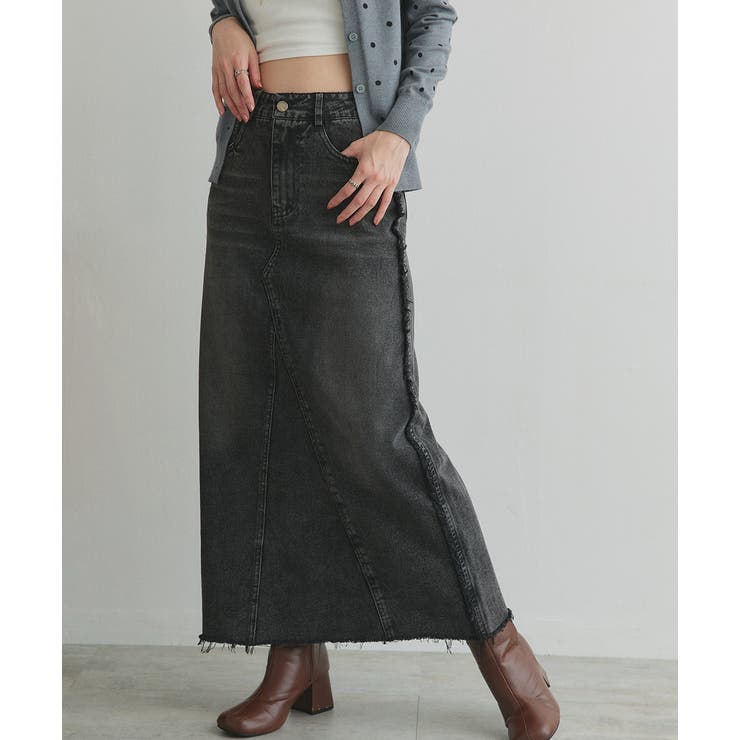 ブラック | カットオフデニムロングスカート | ad thie