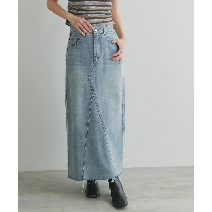 ブルー | カットオフデニムロングスカート | ad thie