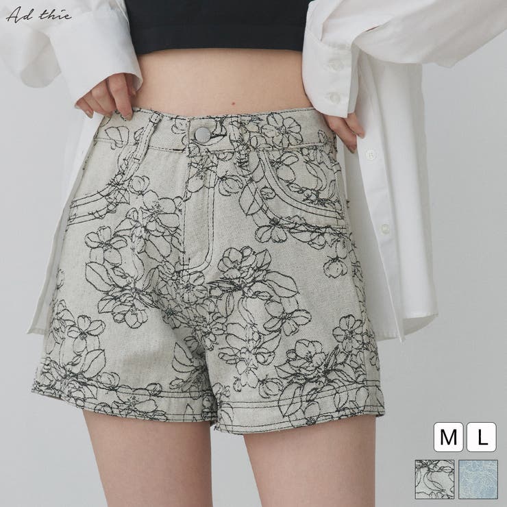 PEACEMINUSONE ダークグレー 花柄刺繍ショートパンツ 1.jpg