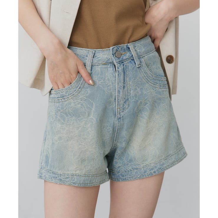 ライトブルー | フラワー刺繍デニムショートパンツ | ad thie