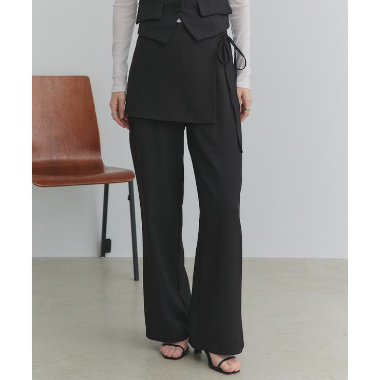 ブラック | サイドリボンスカートレイヤードパンツ | ad thie